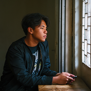 An asian teen holds his cell while starting out a window looking lonely. He gets teen therapy Sacramento and online teen therapy in California with a teen therapist from the Relationship Therapy Center