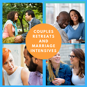 4 photos of couples with an orange circle in the middle that says couples retreats and marriage intensives. Get online couples counseling in california and go to a couples retreat in California with the relationship therapy center.